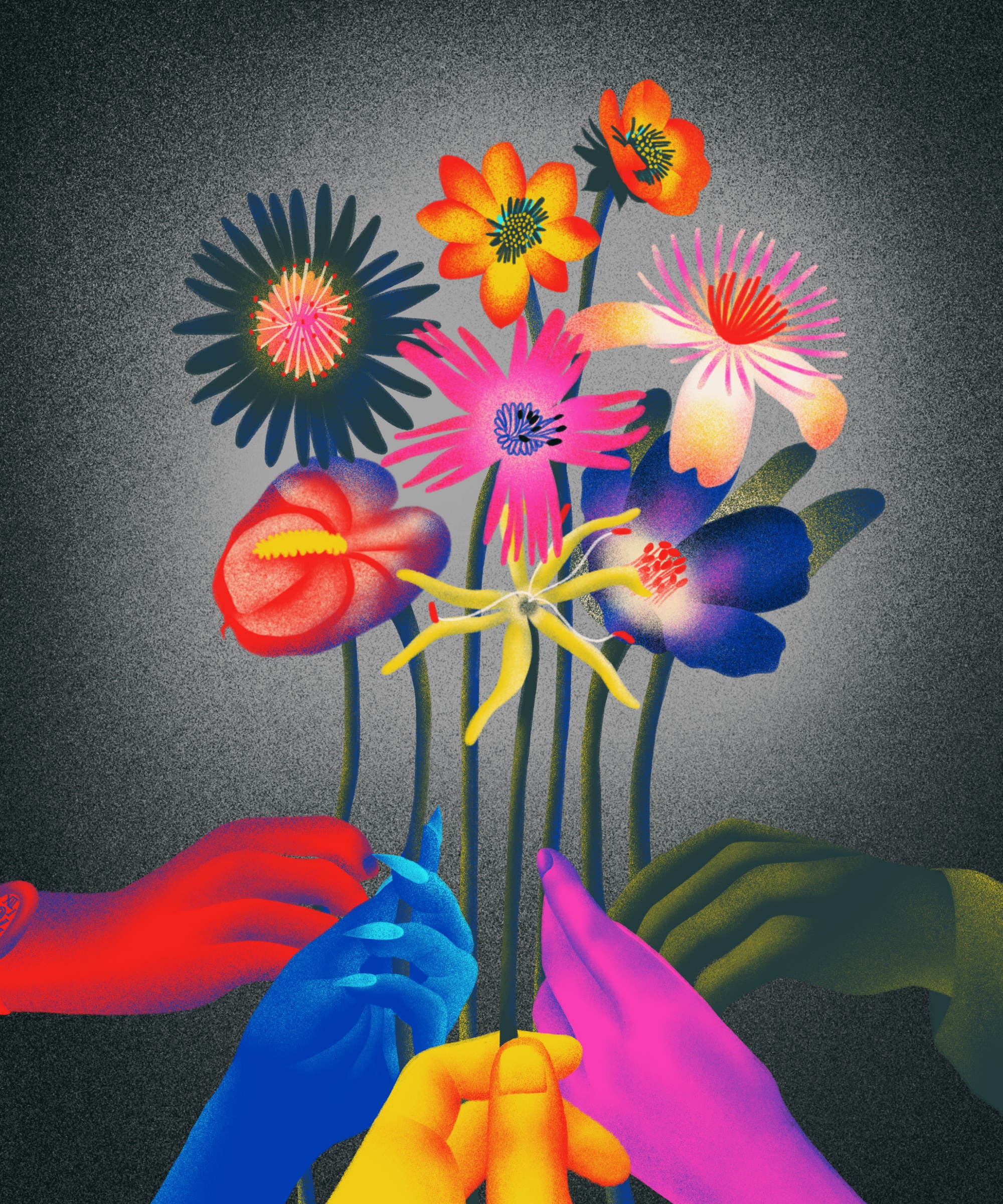 A group of hands all holding single flowers together to form a bouquet.